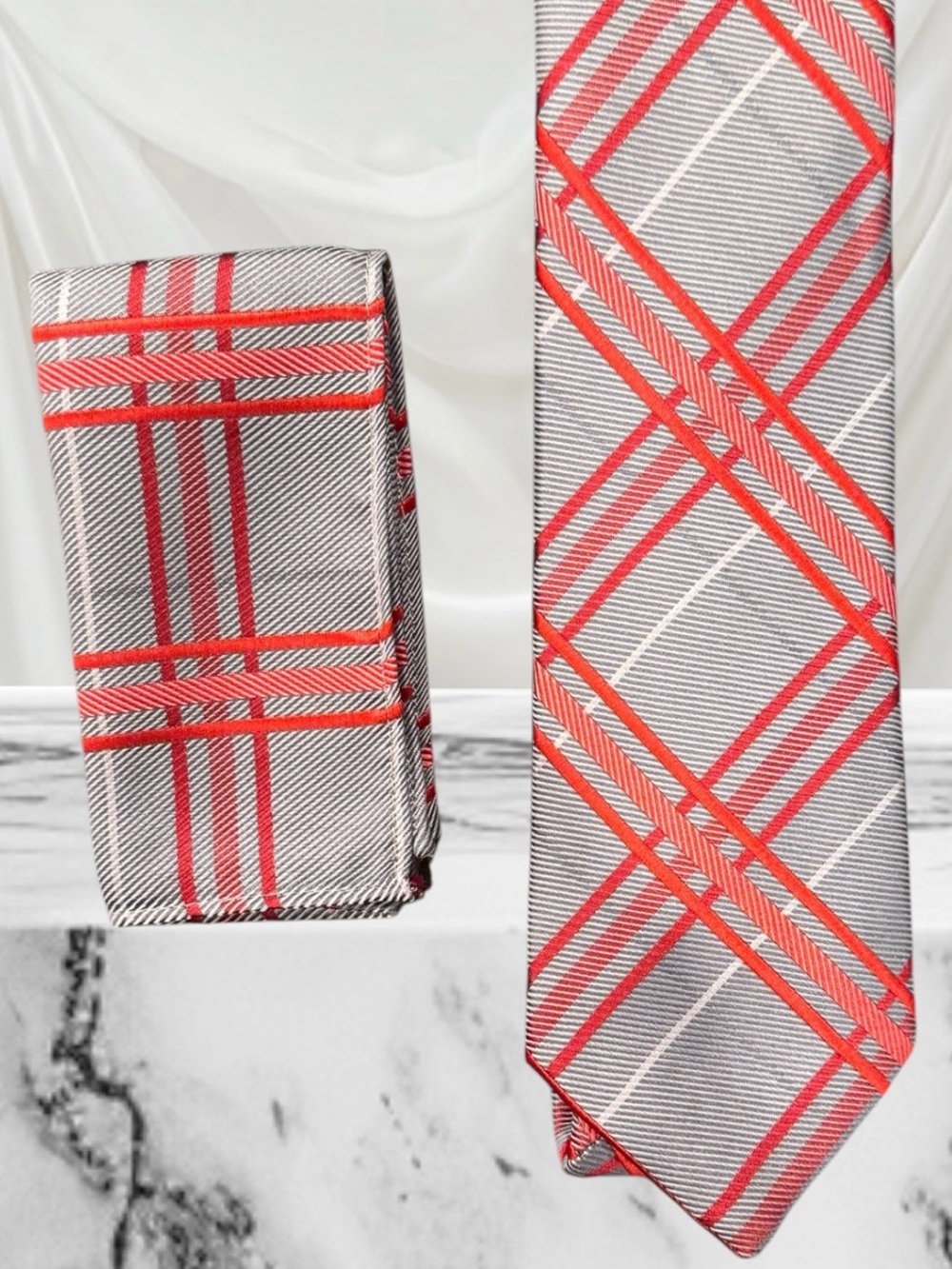 2 for $30 | Stockhomme Gray and Red Plaid Tie with Matching Pocket Square